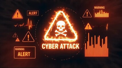 Cyber attack alert sequence with skull icon and warning signs flashing on screen, ideal for security presentations and IT threat awareness campaigns