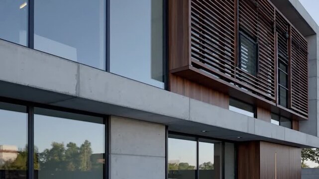 Modern building with concrete and wood facade, large windows, angular design