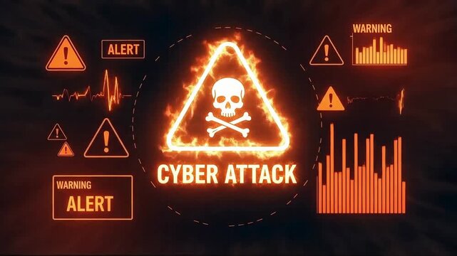 Cyber attack alert sequence with skull icon and warning signs flashing on screen, ideal for security presentations and IT threat awareness campaigns