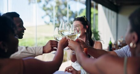 Happy friends, cheers and talk in restaurant with wine for social gathering, milestone and bonding. People, laugh and toast with alcohol drink at table for celebration, weekend break and connection.