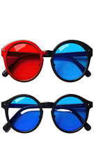 Two pairs of round glasses, one red/blue, one blue/blue