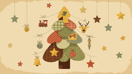 Naklejka premium Patchwork-style retro Christmas tree composed of stitched-looking fabric textures, quirky ornaments hanging on thin dotted strings, festive stars sprinkled across the scene