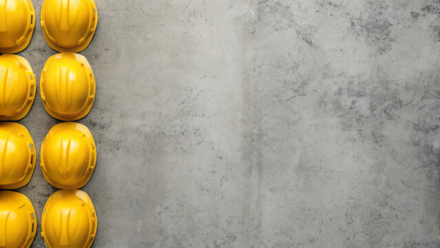 recognizing the valuable work of construction Yellow hard hats arranged neatly against a concrete wall in an industrial setting