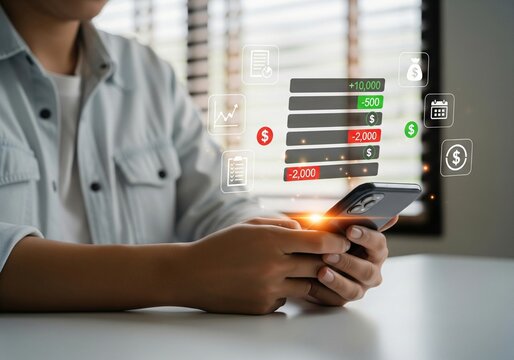 Person analyzing financial data on a smartphone, showcasing interactive digital interfaces for banking, investment tracking, and insightful business management in a modern technology setting - Powered by Adobe