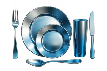 Metallic flatware dinner set on transparent background