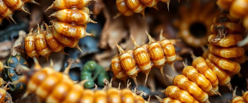 Intricate detail of dried mealworm exoskeletons, showcasing texture and color, dried insect, insects