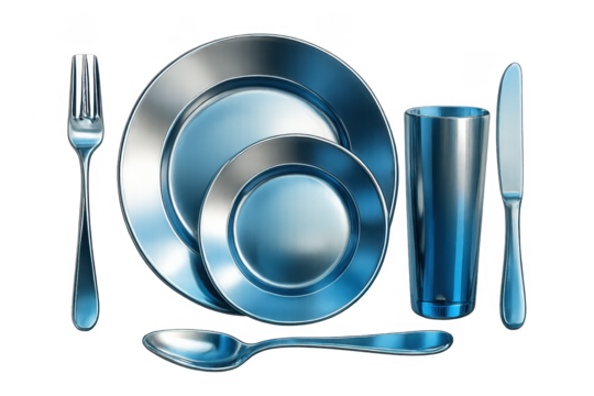 Metallic flatware dinner set on transparent background