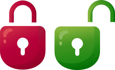 Red locked and green unlocked padlock flat vector icon set
