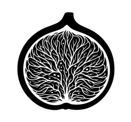 This bold monochromatic illustration depicts a stylized fig cross-section, featuring an intricate, organic network of white branching veins that radiate like a tree through the fruit's dark interior