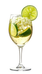 Bubbly drink with lime, flowers in wineglass