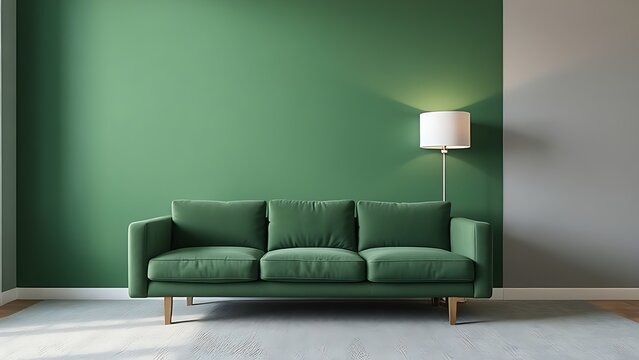 Minimalist green wall with sofa and marble pattern, featuring grey carpet and lamp.
