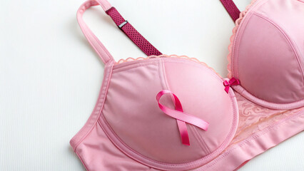 A pink bra sits on a white surface, adorned with a small pink ribbon. This symbolizes support for breast cancer awareness and highlights the importance of early detection.