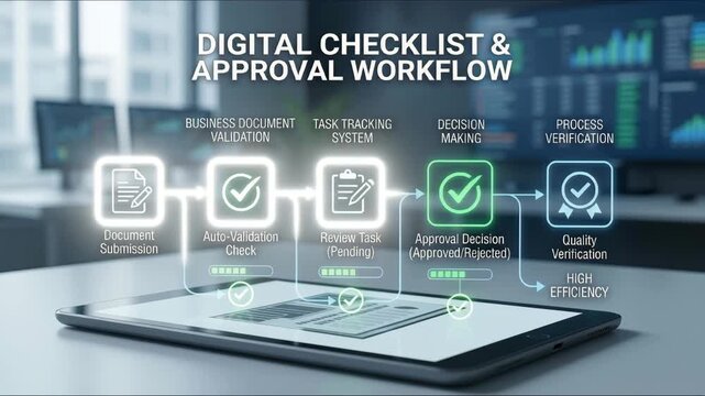 Digital checklist and approval workflow showing business document validation and task tracking system for decision making, process optimization, and quality verification with high efficiency