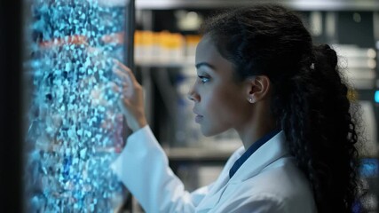 Exploring connections in research by biracial female scientist in modern laboratory, network of connections over biracial female scientist in laboratory - Powered by Adobe