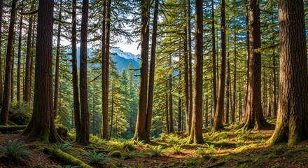 Fototapeta premium Sunlight filters through tall trees in a lush forest