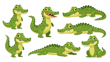 Smiling and playful cartoon alligators in various poses, perfect for kids' illustrations, educational materials, and playful designs