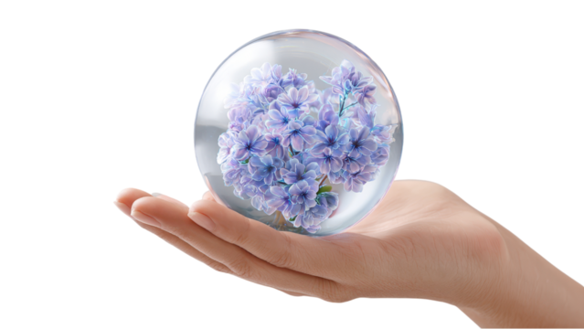 Flowers in Glass Ball Held in Hand: Conceptual Image of Beauty and Nature