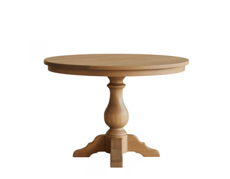 Round wooden pedestal dining table with carved base isolated on a transparent background