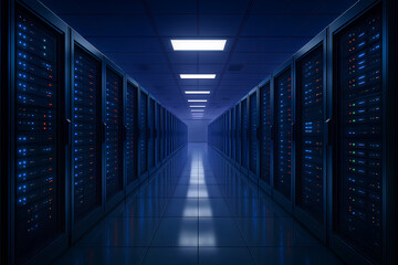Futuristic Data Center Corridor with Rows of Illuminated Server Racks