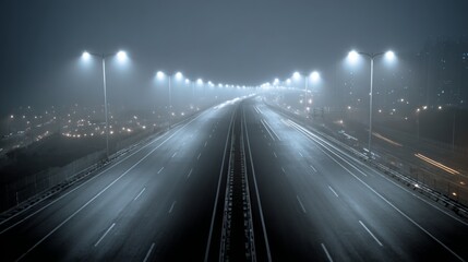 Empty highway illuminated by streetlights in a foggy night, showcasing moving light trails and urban atmosphere amidst mystery and solitude.
