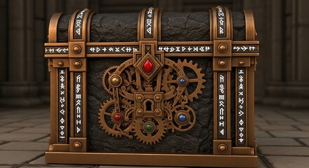A heavy, cubic chest made of solid bronze and granite. Intricate, glowing runes are carved deep into its metal bands