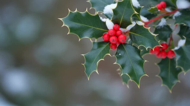 Macro shot of holly branch covered in snow, showcasing bright red berries and vibrant green leaves with spiked edges in winter season.