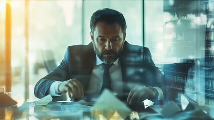Financial data processing focused on a businessman in a modern office setting, financial data processing over caucasian businessman in office - Powered by Adobe