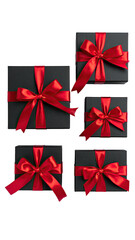 Gifts Black boxes tied with bright red, satiny ribbons