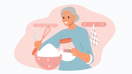 vector flat style illustratiom. elderly woman are cooking pastries