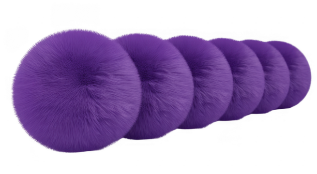 Row of fluffy purple spheres arranged in a line isolated on a transparent background ball