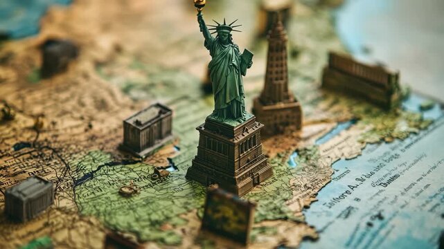Exploring iconic monuments in the United States with a travel-themed map, Cinematic travel background, of tourism in United State of America
