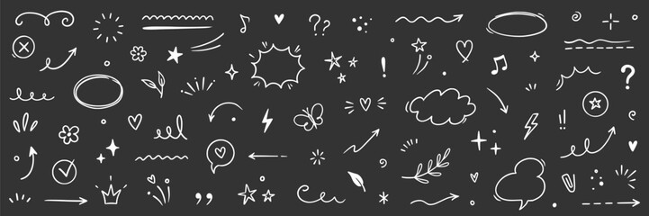 Line sketch element star, arrow, heart design icons on chalkboard. Hand drawn sketch doodle cute star, heart, flower element. Line text decoration scribble decoration. Hand drawn Vector illustration