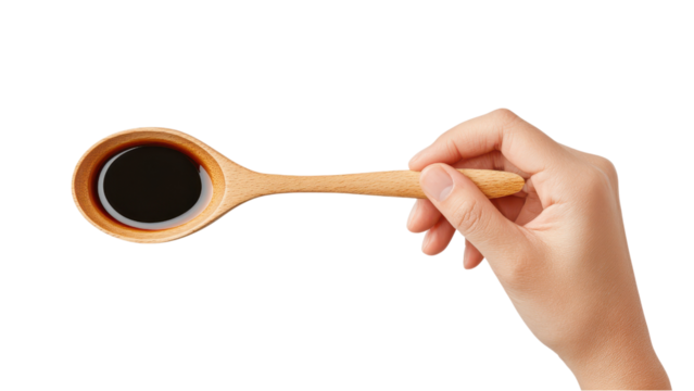 Hand Holding Spoon with Soy Sauce: Asian Cuisine Ingredient