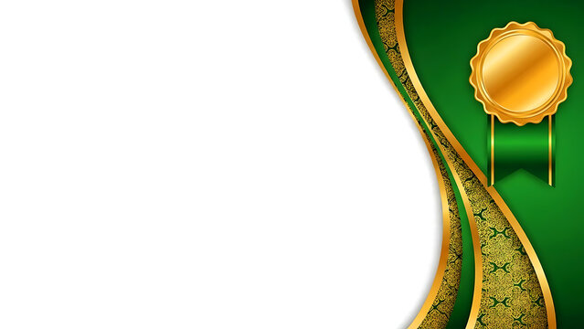 A sophisticated certificate background featuring sweeping green and gold curves with a golden medal emblem. Perfect for award certificates, appreciation documents, diplomas, and formal recognition des