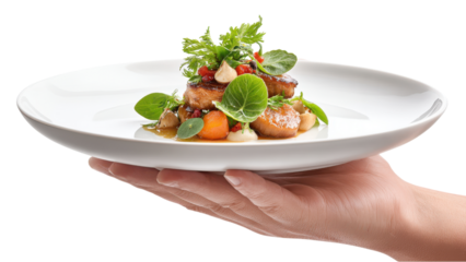 Elegant Plate of Foie Gras Held in Hand on White Background