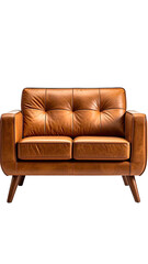 Leather loveseat with tufted cushions on angled wooden legs