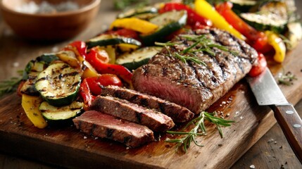 Juicy grilled steak with colorful roasted vegetables garnished with fresh herbs, perfect for a gourmet meal or a backyard barbecue setting on a wooden board