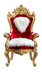 Ornate red throne, gold trim, white fur accents, black back
