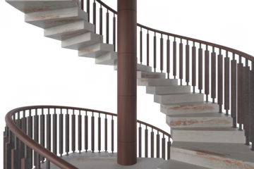 Rustic spiral staircase with white stone steps and brown wooden railing isolated on a transparent background