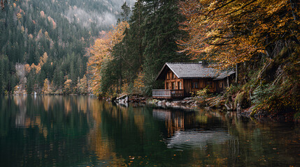 Cozy wooden cabin nestled beside a tranquil lake in autumn forest