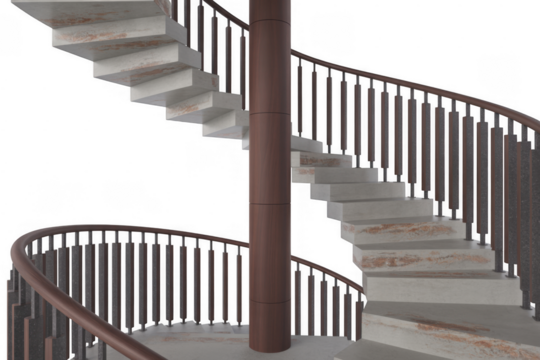 Rustic spiral staircase with white stone steps and brown wooden railing isolated on a transparent background