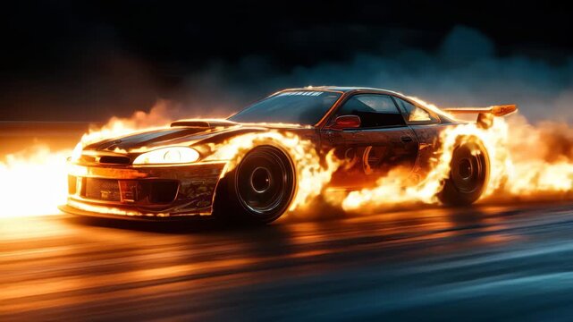 Drifting car with burning wheels creates an intense display of speed and power during night event, The car is drifting with burning wheels