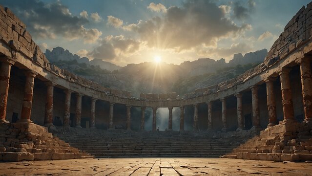 AI-generated illustration of the sun is shining through the clouds over the ruins