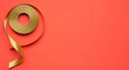 Gold ribbon spool on red background with copy space for text