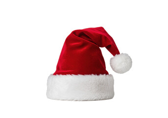 Photorealistic product shot of a classic santa hat made of rich scarlet velvet and plush white faux fur trim, highly detailed on a transparent background. christmas holiday spirit concept