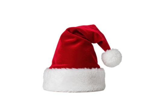 Photorealistic product shot of a classic santa hat made of rich scarlet velvet and plush white faux fur trim, highly detailed on a transparent background. christmas holiday spirit concept