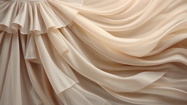 Elegant flowing fabric with soft beige tones, creating gentle waves and delicate ruffles for a luxurious background.