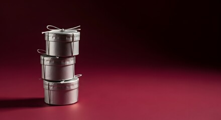 Stack of silver gift boxes on a dark red background for celebrations