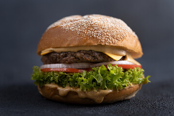 Juicy Gourmet Beef Burger Close-Up with Fresh Vegetables and Cheese — Dark Studio Background Food Photography