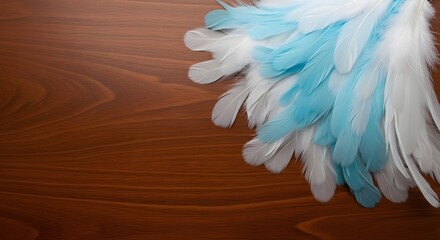 Dreamy blue and white feather decoration on a warm wood background texture